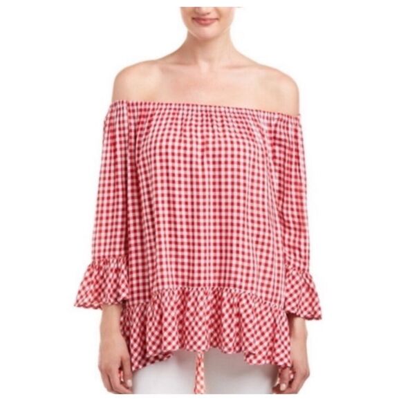 New BEACH LUNCH LOUNGE Gingham Off Shoulder Ruffle Top Sz M - Picture 1 of 9